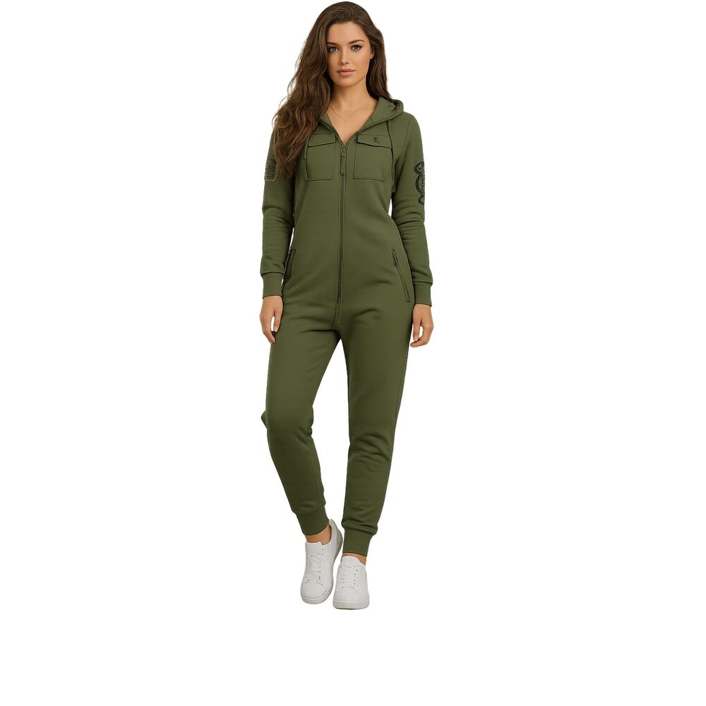 Onepiece Army Jumpsuit Hoodie Green Patches Pockets Unisex Womens Size S